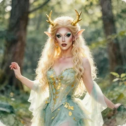 gorgeous nature fae themed drag queen. backlighting, depth of field, 4 k, watercolors and gold leaf by award - winning portrait artist