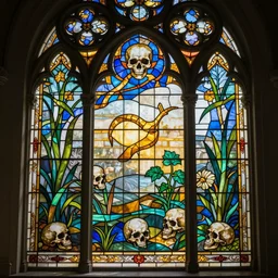hyperdetailed photorealistic ultrasharp octane render of a memento mori stained glass window by louis comfort tiffany, gothic ornament, skulls, art nouveau, elegant art nouveau botanicals
