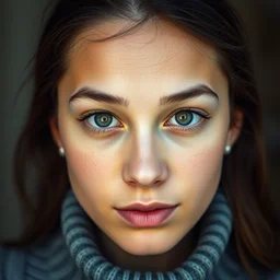 a portrait photograph of a nerdy young woman wearing a sweater, tanned skin tone, dof, sharp focus, highly detailed face, symmetric face, realistic iris, cinestill 8 0 0 t, photography by paolo roversi