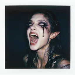 grainy color polaroid of a beautiful feminine alien with thick black sludge seeping from her eyes screaming while being consumed by darkness, iridescent eyes, dreamlike, ultra realistic, photorealism, intricate detail, sigma 85mm f/1.4, 4k, hd