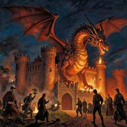 a castle at night being lit up by the fire of a dragon, Les Edwards, Zdzislaw Beksinski, Carl Gustav Carus, John Harris, Michal Karcz, Zhang Kechun, Mikko Lagerstedt, Scott Listfield, Steven Outram, Jessica Rossier