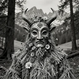 portrait of a tyrolean folklore mask, in the alpine forest,  dark, eerie , wearing hay coat, with horns, eerie, flowers growing out of his body, dolomites in the background, detailed intricate insanely detailed octane render, 8k, artistic 1920s photography, vintage photo, black and white, photorealistic, chiaroscuro, by David Cronenberg, Raphael, Caravaggio