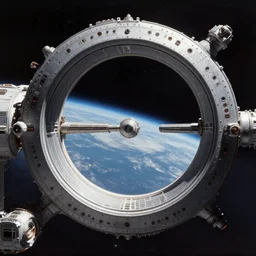 intergalactic stargate portal in a space station with a view of a planet in the background, by thomas kinkaid