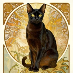 beautiful, gorgeous art nouveau drawing of a black egyptian cat by alphonse mucha, impressive, wonderful, very detailed, perfect anatomy, symmetrical, trending on artstation, masterpiece