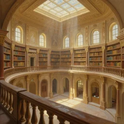 beautiful painting of the view from the second floor, looking out over extravagant grandeur of the library of alexandria, light pouring in from skylight and wall of windows. wide angle. incredible detail. volumetric lighting. by tyler edlin, trending on artstation