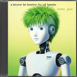 “a robot with grass instead of hair, colored album art, dotwork in the style of James Jean”