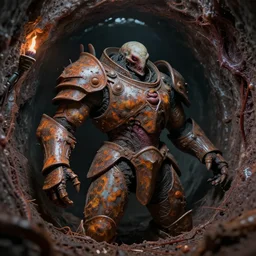 airbrush macro insect embryo viscera | as god |, carapace rust chaos dystopic armor, wedged in necrotic sewer tunnel, chris foss, enric torres, alberto bontempi, feng zu hyper realism, narrative light, muted colors, epic, hyper detailed, awe inspiring, award winning horror, torch lighting, hyper realism, cinematical
