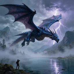 dark blue dragon flying over a lake with a person in claws, mist, fog, lightning and thunder, mountains in background, detailed digital painting, dungeons and dragons, trending artstation