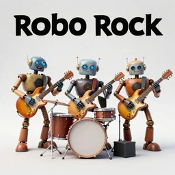 album art, robos rock, rockband with 3 steampunk robots playing guitar and drums, r. o. b. o. s. r. o. c. k., 8 k, flourescent colors, halluzinogenic, multicolored, exaggerated detailed, front shot, 3 d render, octane