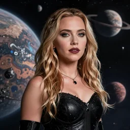 “Scarlett Johansson portrait, dystopia core, goth, punk, apocalyptic, planets, space, hero, planets, powerful, epic, game”