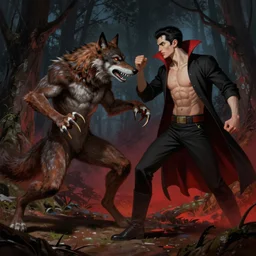 a male werewolf with long claws fighting a young fit male vampire in a dark forest at night, by greg rutkowski and alphonse mucha, gradient brown to red, highly detailed, digital painting, artstation, concept art, smooth, sharp focus illustration