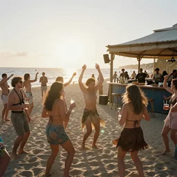 an amazing award winning analog photo of animals dancing at a party at the beach, drinking, food, bar, music, resort, praising the sun, golden hour, cinematic, atmospheric, 8k resolution, Hyperrealistic