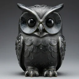 symmetrical detailed sculpture of an owl, made of Oily Obsidian