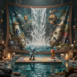 a beautiful tapestry of a dream, a small robot playing a game, ultra detailed, waterfall, reflective pool, atmospheric, steampunk, moody, candles, characters from machinarium, by don bluth, trending on artstation, octane render, 8 k, ultra realistic