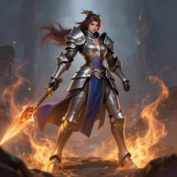 ultra realistic illustration, full body shot of female knight in heroic pose, cold and fire, league of legends artwork