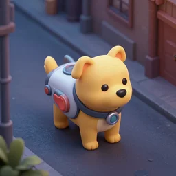 isometric digital art, ultra realistic, puppy with a jetpack in a city alleyway, cinematic