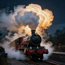 the hogwarts express jacobite steam train, the train is coming at the camera, behind the train is a epicly lit cloud, loads of steam, dramatic light, night scene, greg rutkowski, zabrocki, karlkka, jayison devadas, trending on artstation, 8 k, ultra wide angle, zenith view, pincushion lens effect