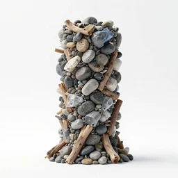 a pillar of plastic garbage, river pebbles, and driftwood forming a rugged column by zaha hadid, parametric design, white background, concept art