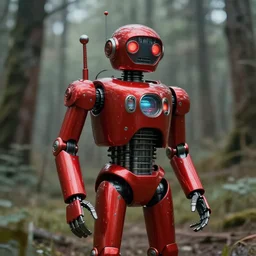 adventurer ( ( ( ( ( 1 9 5 0 s retro future robot android. forrest in background. muted colors. ) ) ) ) ) by jean baptiste monge!!!!!!!!!!!!!!!!!!!!!!!!! chrome red