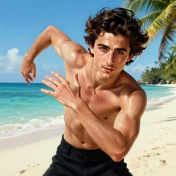 Timothee Chalamet, the most beautiful androgynous man in the world, intense painting, sunny day at beach, tropical island, +++ super supper supper dynamic pose,  digital art, +++ quality j.c. leyendecker, limited edition, shiny, veiny hands, thick eyebrows, masculine appeal high fashion