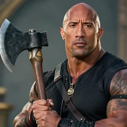 close up shot of dwayne johnson with battle axe, dnd, high fantasy. royo, artgem, wlop