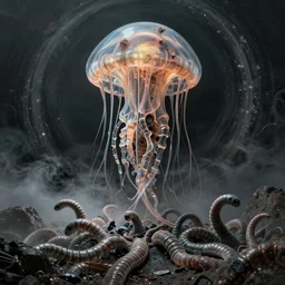 concept art of an alien giant jellyfish scutigera, with a visible circulatory system of glowing translucent cables, raising above a mass of cybernetic worms, on a dark rock background, surrounded by spirals of fog, grimy, gritty, trending on artstation, award winning painting, close portrait, cgi art, by alex andreev and andreas achenbach and chris cunningham
