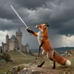 anthropomorphic fox!! who i - s a medieval knight holding a swo - rd towards a stormy thundercloud [ 1 9 3 0 s film still ], ( castle in the background )