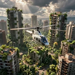 helicopter view of nonexistant city with decrepit highrises overgrown with plants