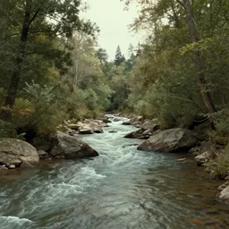 a river surrounded by trees and rocks, a digital rendering by james e. brewton, cg society, environmental art, creative commons attribution, sabattier filter, 1 9 7 0 s