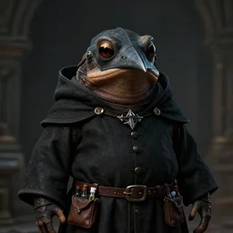 a portrait, a plump amphibious humanoid wearing a pointy bird style black plague doctor mask, short in stature, wearing black medieval robes, medical doctor, small vials and pouches attached to belt, style by donato giancola, wayne reynolds, jeff easley dramatic light, high detail, cinematic lighting, artstation, dungeons and dragons
