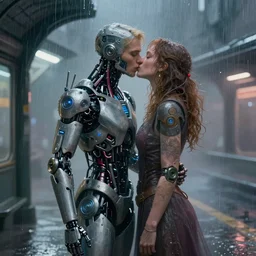 ultra realistic medium shot of a couple of cyborgs kissing, lovers, cyberpunk, sci - fi, kodak, colour led, soft light, volumetric lighting, fog, rays, night, rain, metro station, intricate detailed, digital painting, concept art, smooth, sharp focus, illustration, art by artgerm and greg rutkowski and alphonse mucha