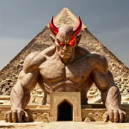 Very muscular Devil, red fire eyes, guarding the entrance of the pyramid of Cheops, dessert, ancient world, realistic, god, dramatic lightning, very detailed, concept art