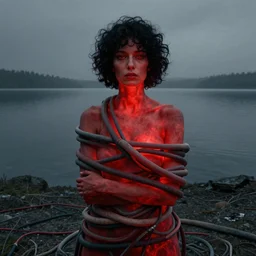 portrait, shore of the lake, woman, wrapped around by tubes and cables, short black curly hair, glowing red, by edgar maxence and ross tran, zdzisław beksinski, and michael whelan, distant, gustav dore, h. r. giger, 8 k, octane render