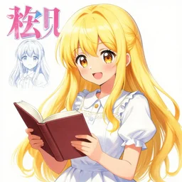 charakter portrait of a happy blonde anime girl with long hair, in a cute dress, reading a book, colored sketch anime manga cover