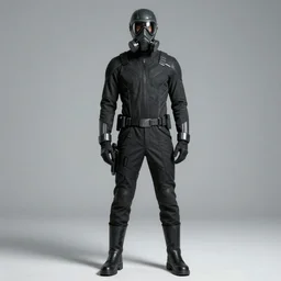 full body cinematic shot of a male time traveling intelligence agent in a black and greyscale sealed continuity suit, masculine, simple and functional with gaiter-style gas mask, a mix between splinter cell and metal gear solid by alphonse mucha