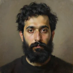 A portrait of a man. He has black hair, a black beard, oil painting