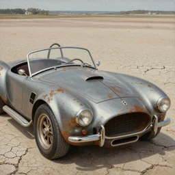 closeup of rusty shelby cobra, full car, weathered, desert, cracked dry lake bed, by Zdzislaw Beksinski, Norman Rockwell, al duke, Valter de Morais, highly detailed, soft lighting, film grain, aces color space, 8k resolution, hd, oil on canvas