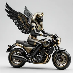 fine art statue of black egyptian god on a surrealist motorbike, ebony art deco, carved black marble, inlaid with ebony and gold accents, ebony rococo, wings black lace wear, sculpted by spider zero, zaha hadid, beautifully lit, hyper detailed, intricate, elite, ornate, photorealistic, micro details, 3 d sculpture, ray trace