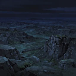 grand landscape of rocky sci - fi hills during the dark night, art by kotaro chiba