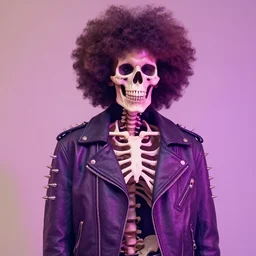skeleton with an afro wearing a spiked leather jacket, stylized, lofi colors faded in foreground