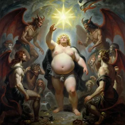 obese male lucifer morning star casting a spell summoning male demons, they rise from down bellow. highly detailed painting by gaston bussiere, craig mullins, j. c. leyendecker, 8 k