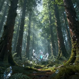 beautiful illustration of a forest, highly detailed, crystal lighting, hyperrealistic, unreal engine, magical