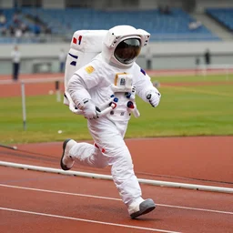 astronauts in space suit running in a track meet