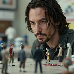beautiful hyperrealism three point perspective film still of keanu reeves as samurai blood scene in evil dead, extreme closeup portrait in style of frontiers in porcelain miniature street photography seinen manga fashion edition, miniature still life, eye contact, tilt shift style scene background, soft lighting, kodak portra 4 0 0, 8 k, macro, cinematic style by emmanuel lubezki