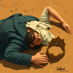 a man sprawled prostrate on the ground in surrender, a crown laying beside him, limited earth tone neutral palette, by anton fadeev, will barnet, beautiful graphic full body portrait, propaganda poster art 1 9 7 0 s illustrated advertising art, painterly character design