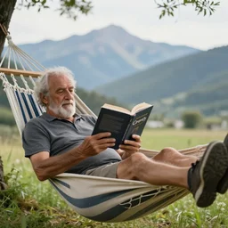 my older italian wise friend on a hammock, reading new book, gravity is strong, he is very relaxed, muscular legs, mountains in a background