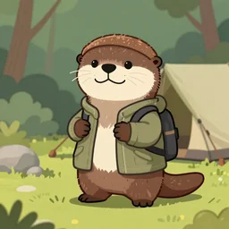 anthropomorphic otter in camping clothes, cartoony