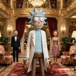 a photo of rick and morty dressed in fancy clothes in a luxurious hotel, ultrarealistic, filmic, cinematic, octane render