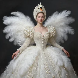 a one single queen _ with _ a _ decorated _ dress _ made _ of _ white _ pearls _ and _ white _ plumes _ of _ swan _ highly _ detailed _ digital _ painting