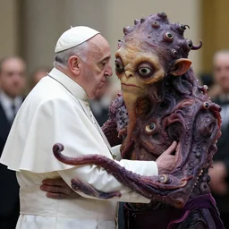 Pope Francis hugging a fleshy otherworldly creature with many eyes and tendrils